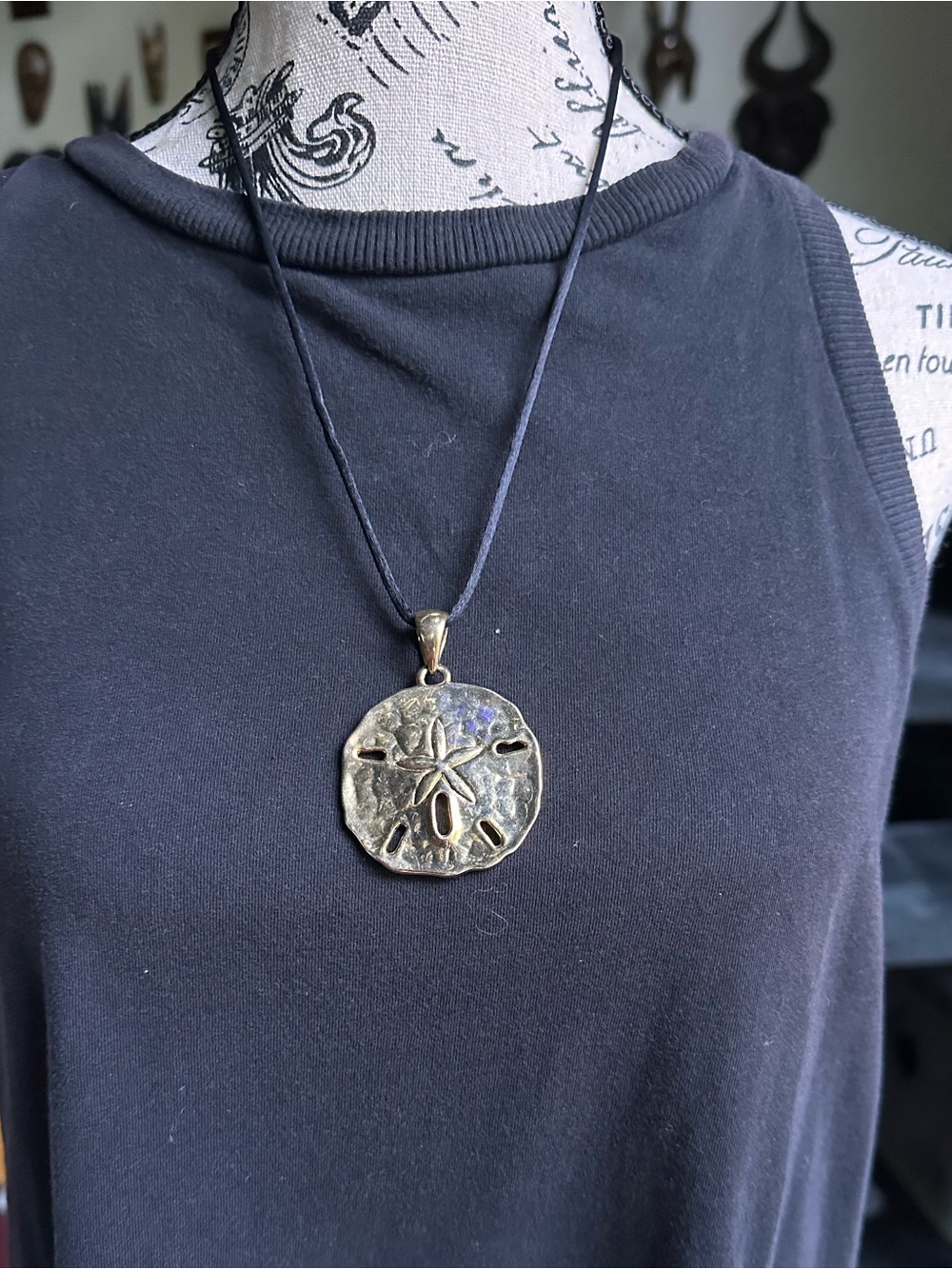 Vintage Sand Dollar Pendant Necklace in Gold with blk satin rope chain